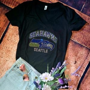 New Women's Seattle Seahawks Rhinestone V-Neck T-shirt